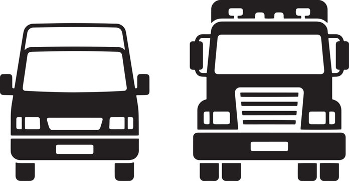Commercial delivery truck and cargo van icons, black silhouette transport vehicle set, front view logistics and shipping vector graphics