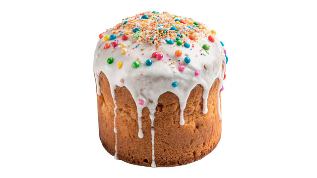 Traditional easter cake kulich with white glaze sprinkles isolated on transparent background