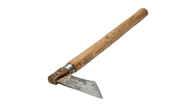 Old manual agricultural hoe tool farming sharp garden chopper isolated on transparent background