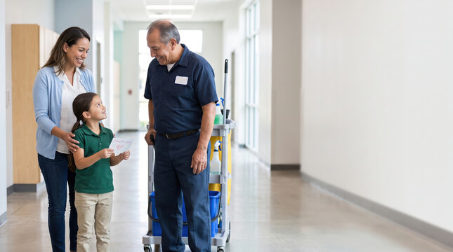 Grateful parents expressing appreciation to janitor for cleaning services