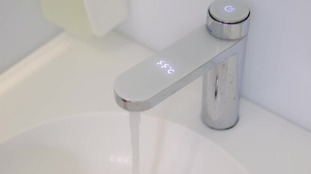 Male hand pressing electronic faucet button with temperature display before washing hands in modern clinic sink creating hygienic healthcare routine close up video