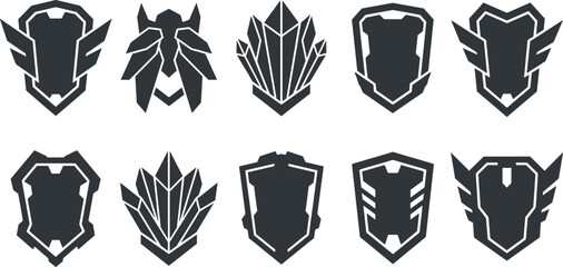 Futuristic Sci Fi Shield Icon Set with Cyberpunk Crests and Gaming Emblem Symbols for Esport Logos Interface Designs and Security Branding © Md Shujan islam