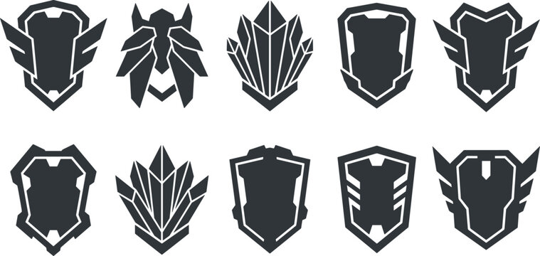 Futuristic Sci Fi Shield Icon Set with Cyberpunk Crests and Gaming Emblem Symbols for Esport Logos Interface Designs and Security Branding
