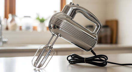 Fototapeta premium Shiny chrome vintage hand mixer on a kitchen counter. Retro electric baking appliance with coiled cord