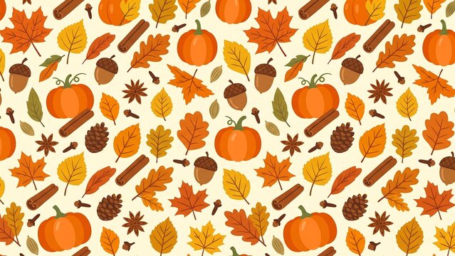 Autumn pattern with pumpkin, maple leaf, acorn and cinnamon stick. Festive harvest background for Thanksgiving and Halloween season. Flat illustration of seasonal fall foliage and spices.