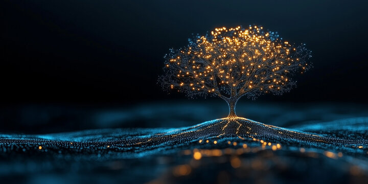Glowing tree in a virtual environment symbolizing the concepts of artificial intelligence and technology governance