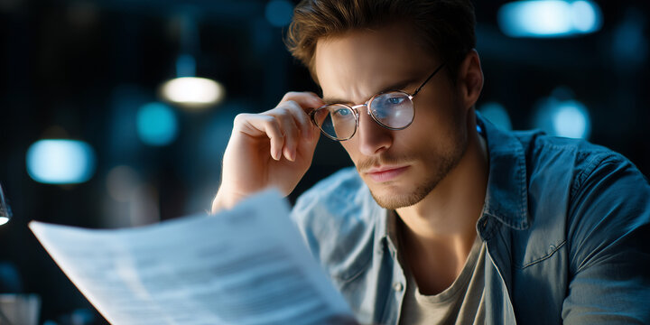 Focused young man analyzing documents in a dimly lit room with technology and ai regulations in mind