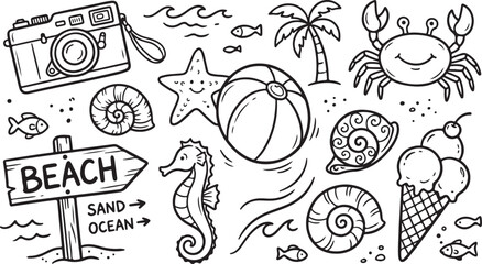 Beach summer doodle set hand drawn illustration isolated on transparent background © habiba creative