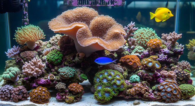 Vibrant saltwater reef aquarium with colorful corals and tropical fish. Indoor marine ecosystem featuring zoanthids and a yellow tang