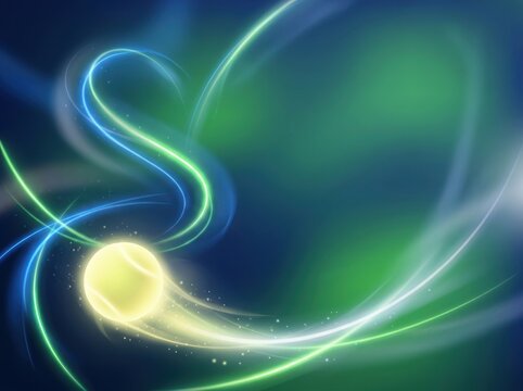 Glowing tennis ball in motion with dynamic light trails, abstract sports background for Tennis Championship 2026, energetic visual element for tournament graphics