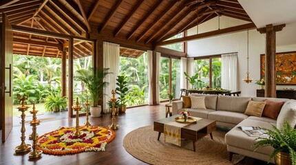 Fototapeta premium A modern luxury living room featuring traditional Kerala architecture, wooden ceilings, a beautiful floral pookalam, and brass lamps