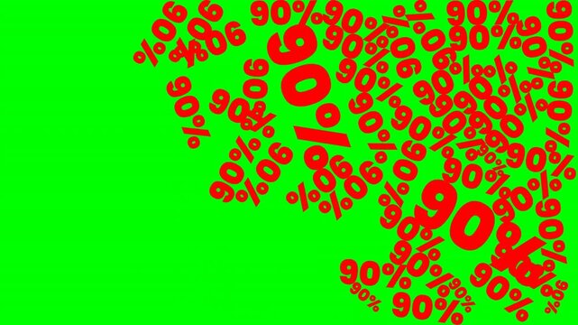 Animated 90 percent discount signs moving on green screen background