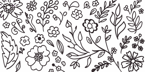 Fototapeta premium Hand Drawn Floral Ornament With Various Botanical Elements On White Background