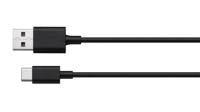 Black usb cable with usb a and usb c connectors isolated on transparent background