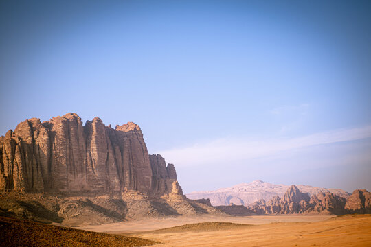 Sandstone mountains and desert landscape in Wadi Rum, Jordan