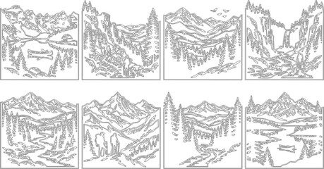 Fototapeta premium Mountain landscape vector illustrations, scenic views, nature backgrounds, 8 panel designs