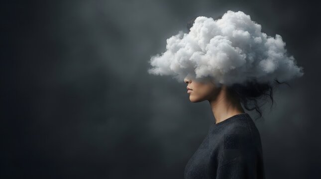 Woman with cloud for head in dark