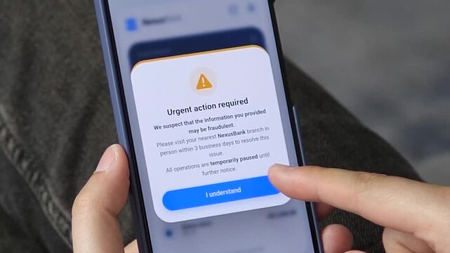 High-priority emergency popup on a mobile banking app. A fraud warning temporarily pauses all operations, requiring user acknowledgment. Ideal for app design portfolios, crisis communication UX