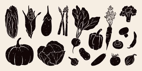 Fresh autumn vegetables icon set  with grunge texture. Hand drawn pumpkin, cabbage, corn, carrot, beet, pepper, mushroom, broccoli in linocut engraving style. Healthy food linoblock print. © Anna Volkova