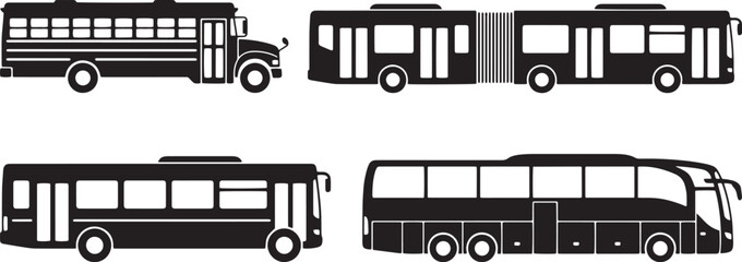 Public transport bus silhouettes set, school bus and city shuttle vector icons, black transit vehicle collection for urban logistics © Seema