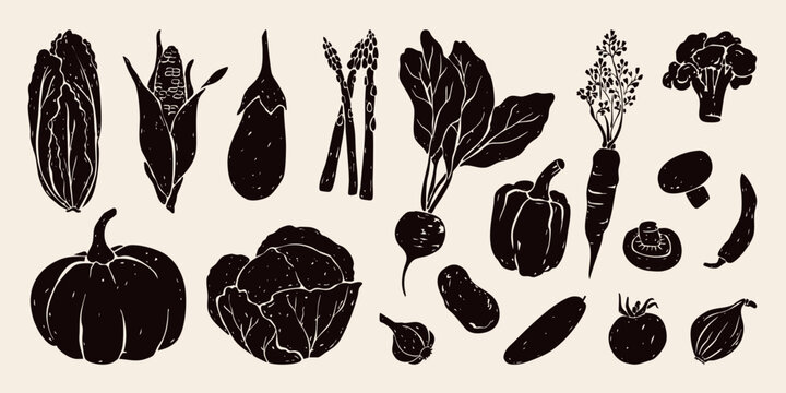 Fresh autumn vegetables icon set  with grunge texture. Hand drawn pumpkin, cabbage, corn, carrot, beet, pepper, mushroom, broccoli in linocut engraving style. Healthy food linoblock print.