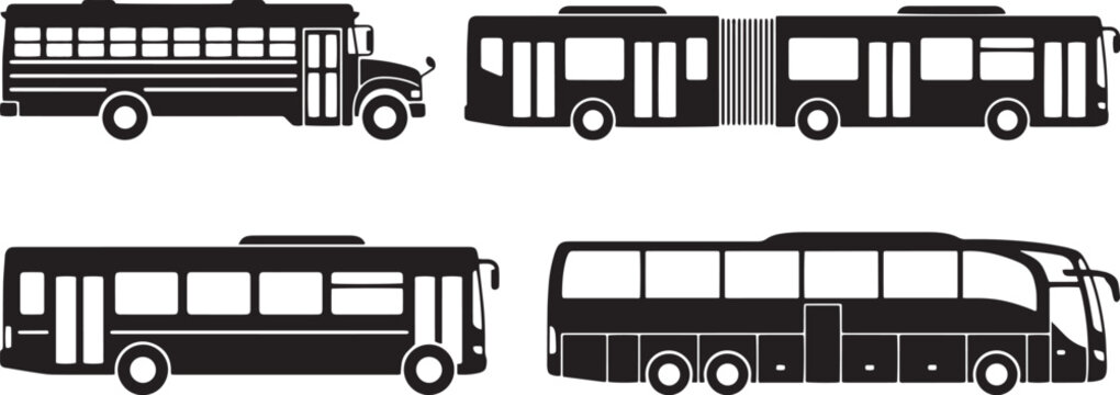 Public transport bus silhouettes set, school bus and city shuttle vector icons, black transit vehicle collection for urban logistics