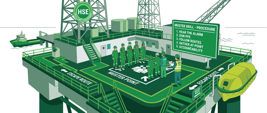 Oil Rig Safety Drill: Workers Gather at Muster Point, Escape Routes Marked
