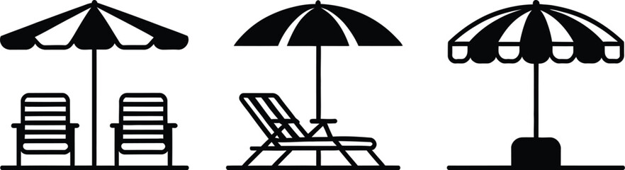 Beach umbrella and lounge chair black silhouette collection featuring diverse tropical seaside resort relaxation elements isolated on white background vector. © Sumaiya