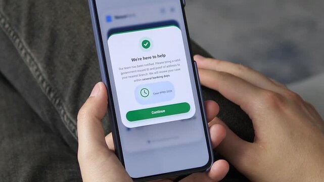 Mobile banking fraud warning flow. User acknowledges an urgent security alert and receives a supportive resolution confirmation with a case ID. Perfect for fraud prevention, financial security