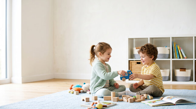 Children sharing toys and playing together in a joyful friendship