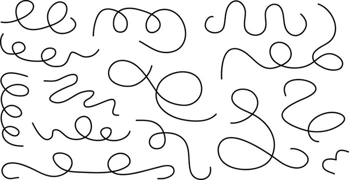 Curly wavy lines and loopy swirl vector elements set. Minimalist hand drawn scribble doodles for decorative graphic design. Black thin line squiggles isolated on white background.