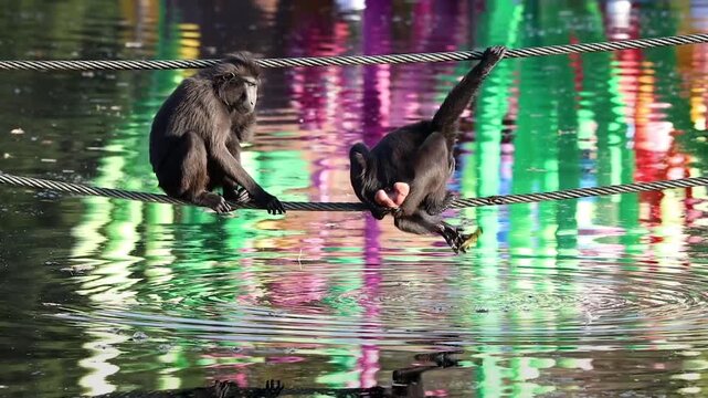 Macaque Monkey Picking Leaf Out of Pond While Hanging from Rope