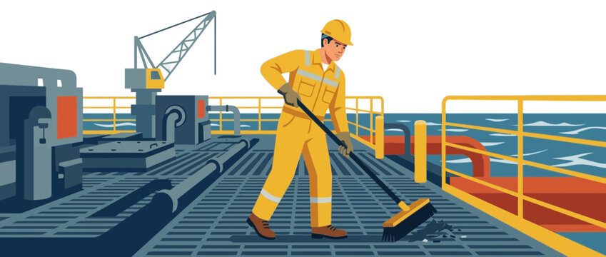 Offshore worker in yellow uniform cleans deck of ship with broom, industrial background