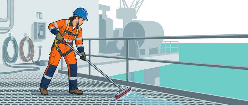 Offshore worker cleaning deck with squeegee on oil rig platform, safety gear
