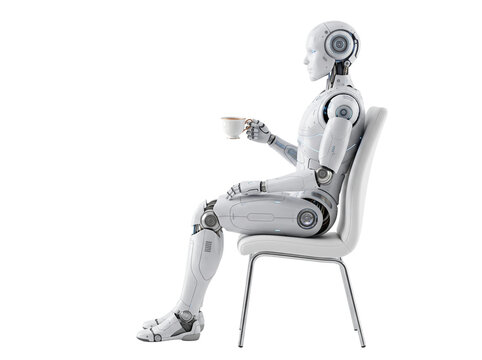 Advanced humanoid robot with a sleek white metallic body sitting gracefully on a modern chair while holding a delicate porcelain tea cup during a quiet break time on transparent background.