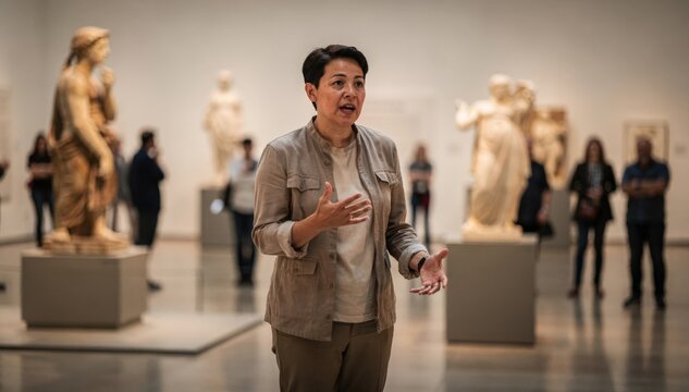 Medium shot capturing a spoken text delivery by an ensemble member in a museum setting the speaker in crisp focus while surrounding sculptures and spectators recede into blur.