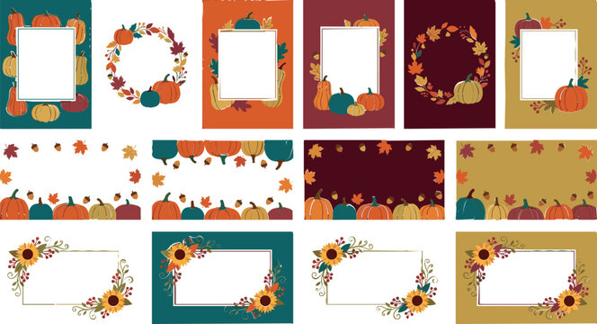  Autumn harvest vector card template set with thanksgiving pumpkin borders and sunflower frames