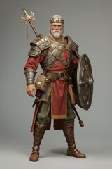 Fototapeta premium A stern gray-haired warrior in heavy armor, a helmet and a cloak, who holds a sword and a shield with an ornament.