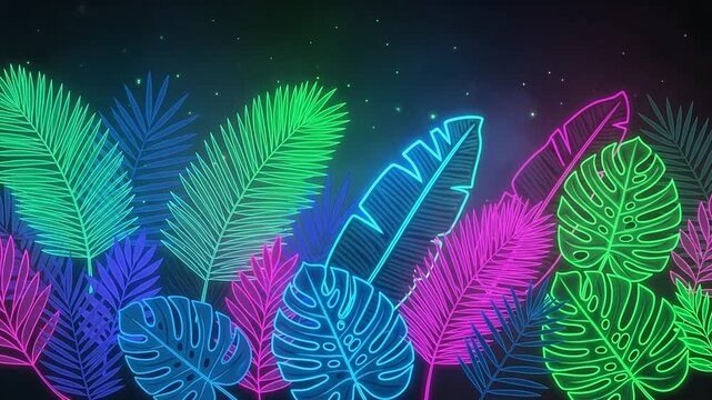 Vibrant neon tropical leaves arranged in a glowing botanical pattern against a dark background