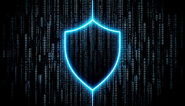 Glowing blue digital shield icon with binary code on a dark background