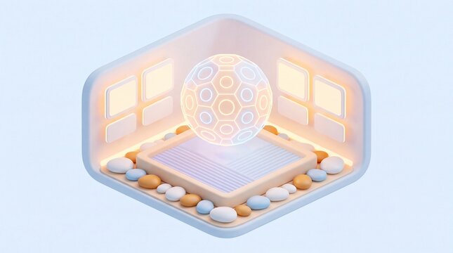 3D isometric meditation and mental clarity concept with a glowing geometric sphere in a peaceful zen garden sanctuary room.