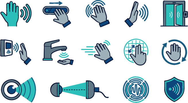 Contactless touchless technology vector icon set with smart hand gestures and automated sensor symbols