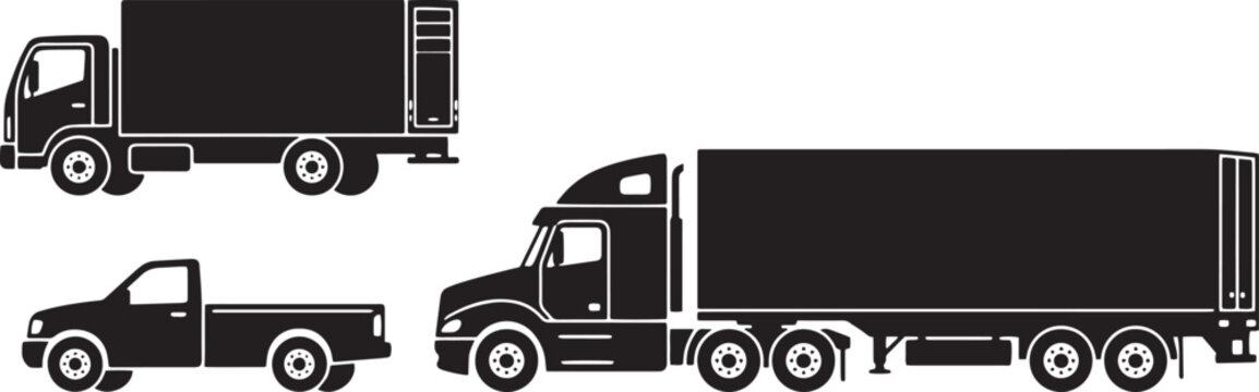 Black truck silhouette vector set, commercial delivery vehicle icons, semi trailer and pickup truck transport graphics for logistics