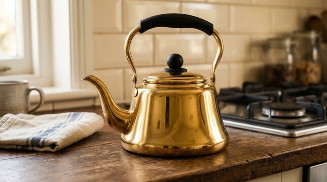 Shiny gold tea kettle on a rustic kitchen counter