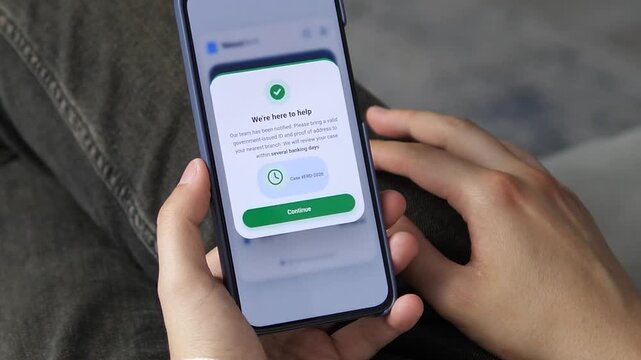 Mobile banking app showing a reassuring fraud resolution popup. User is guided to bring ID to a branch with a case number. Perfect for customer support, fraud resolution