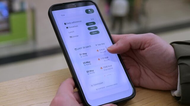 Monitoring fitness progress on a smartphone. User scrolls through daily meal logs and checks a 35-day calorie trend chart. High-quality UI for health tech and digital wellness. Perfect for lifestyle