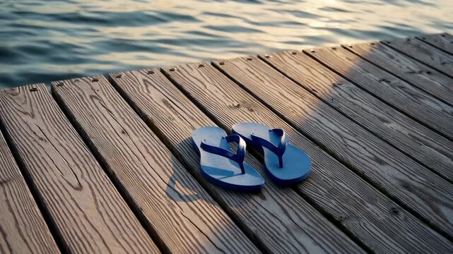 Blue flip flops sit on a wooden pier, overlooking tranquil water reflecting the warm hues of the setting sun, creating a serene and inviting summer scene