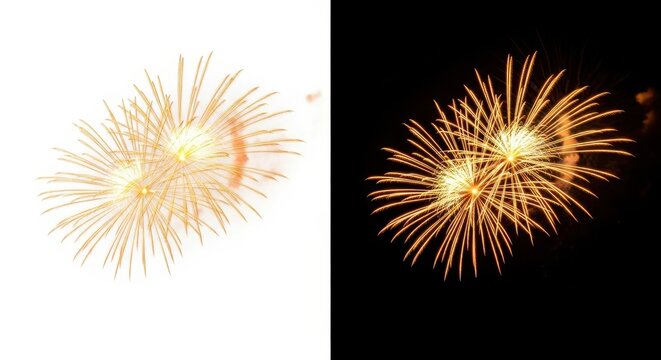 Sparkling Golden Firework Burst Set Isolated on Black and White Backgrounds for Festive Event Design