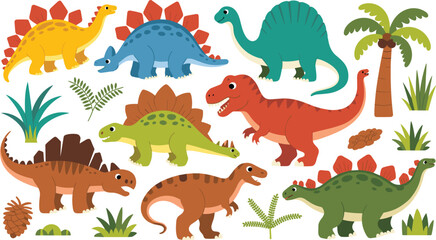 Cute dinosaur vector clip art collection featuring cartoon illustrations of Tyrannosaurus rex, Stegosaurus, and Spinosaurus with prehistoric plants isolated on white background for kids. © Josna