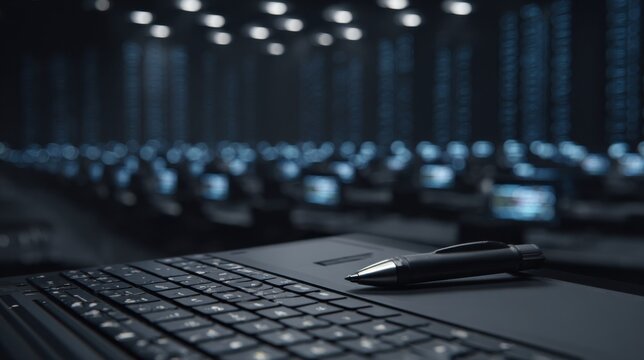 Medium shot capturing rows of computers streaming animation software in a shadowed room with a single pen tablet and screen in sharp detail and others fading softly.